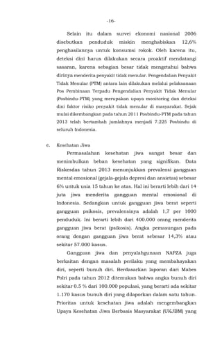 -16-
Selain itu dalam survei ekonomi nasional 2006
disebutkan penduduk miskin menghabiskan 12,6%
penghasilannya untuk konsumsi rokok. Oleh karena itu,
deteksi dini harus dilakukan secara proaktif mendatangi
sasaran, karena sebagian besar tidak mengetahui bahwa
dirinya menderita penyakit tidak menular. Pengendalian Penyakit
Tidak Menular (PTM) antara lain dilakukan melalui pelaksanaan
Pos Pembinaan Terpadu Pengendalian Penyakit Tidak Menular
(Posbindu-PTM) yang merupakan upaya monitoring dan deteksi
dini faktor risiko penyakit tidak menular di masyarakat. Sejak
mulai dikembangkan pada tahun 2011 Posbindu-PTM pada tahun
2013 telah bertambah jumlahnya menjadi 7.225 Posbindu di
seluruh Indonesia.
e. Kesehatan Jiwa
Permasalahan kesehatan jiwa sangat besar dan
menimbulkan beban kesehatan yang signifikan. Data
Riskesdas tahun 2013 menunjukkan prevalensi gangguan
mental emosional (gejala-gejala depresi dan ansietas) sebesar
6% untuk usia 15 tahun ke atas. Hal ini berarti lebih dari 14
juta jiwa menderita gangguan mental emosional di
Indonesia. Sedangkan untuk gangguan jiwa berat seperti
gangguan psikosis, prevalensinya adalah 1,7 per 1000
penduduk. Ini berarti lebih dari 400.000 orang menderita
gangguan jiwa berat (psikosis). Angka pemasungan pada
orang dengan gangguan jiwa berat sebesar 14,3% atau
sekitar 57.000 kasus.
Gangguan jiwa dan penyalahgunaan NAPZA juga
berkaitan dengan masalah perilaku yang membahayakan
diri, seperti bunuh diri. Berdasarkan laporan dari Mabes
Polri pada tahun 2012 ditemukan bahwa angka bunuh diri
sekitar 0.5 % dari 100.000 populasi, yang berarti ada sekitar
1.170 kasus bunuh diri yang dilaporkan dalam satu tahun.
Prioritas untuk kesehatan jiwa adalah mengembangkan
Upaya Kesehatan Jiwa Berbasis Masyarakat (UKJBM) yang
 