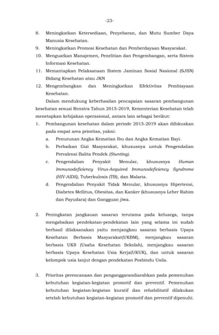 -23-
8. Meningkatkan Ketersediaan, Penyebaran, dan Mutu Sumber Daya
Manusia Kesehatan.
9. Meningkatkan Promosi Kesehatan dan Pemberdayaan Masyarakat.
10. Menguatkan Manajemen, Penelitian dan Pengembangan, serta Sistem
Informasi Kesehatan.
11. Memantapkan Pelaksanaan Sistem Jaminan Sosial Nasional (SJSN)
Bidang Kesehatan atau JKN
12. Mengembangkan dan Meningkatkan Efektivitas Pembiayaan
Kesehatan.
Dalam mendukung keberhasilan pencapaian sasaran pembangunan
kesehatan sesuai Renstra Tahun 2015-2019, Kementerian Kesehatan telah
menetapkan kebijakan operasional, antara lain sebagai berikut:
1. Pembangunan kesehatan dalam periode 2015-2019 akan difokuskan
pada empat area prioritas, yakni:
a. Penurunan Angka Kematian Ibu dan Angka Kematian Bayi.
b. Perbaikan Gizi Masyarakat, khususnya untuk Pengendalian
Prevalensi Balita Pendek (Stunting).
c. Pengendalian Penyakit Menular, khususnya Human
Immunodeficiency Virus-Acquired Immunodeficiency Syndrome
(HIV-AIDS), Tuberkulosis (TB), dan Malaria.
d. Pengendalian Penyakit Tidak Menular, khususnya Hipertensi,
Diabetes Mellitus, Obesitas, dan Kanker (khususnya Leher Rahim
dan Payudara) dan Gangguan jiwa.
2. Peningkatan jangkauan sasaran terutama pada keluarga, tanpa
mengabaikan pendekatan-pendekatan lain yang selama ini sudah
berhasil dilaksanakan yaitu menjangkau sasaran berbasis Upaya
Kesehatan Berbasis Masyarakat(UKBM), menjangkau sasaran
berbasis UKS (Usaha Kesehatan Sekolah), menjangkau sasaran
berbasis Upaya Kesehatan Usia Kerja(UKUK), dan untuk sasaran
kelompok usia lanjut dengan pendekatan Posbindu Usila.
3. Prioritas perencanaan dan penganggarandiarahkan pada pemenuhan
kebutuhan kegiatan-kegiatan promotif dan preventif. Pemenuhan
kebutuhan kegiatan-kegiatan kuratif dan rehabilitatif dilakukan
setelah kebutuhan kegiatan-kegiatan promotif dan preventif dipenuhi.
 