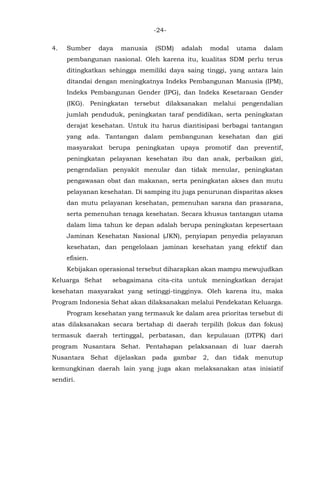 -24-
4. Sumber daya manusia (SDM) adalah modal utama dalam
pembangunan nasional. Oleh karena itu, kualitas SDM perlu terus
ditingkatkan sehingga memiliki daya saing tinggi, yang antara lain
ditandai dengan meningkatnya Indeks Pembangunan Manusia (IPM),
Indeks Pembangunan Gender (IPG), dan Indeks Kesetaraan Gender
(IKG). Peningkatan tersebut dilaksanakan melalui pengendalian
jumlah penduduk, peningkatan taraf pendidikan, serta peningkatan
derajat kesehatan. Untuk itu harus diantisipasi berbagai tantangan
yang ada. Tantangan dalam pembangunan kesehatan dan gizi
masyarakat berupa peningkatan upaya promotif dan preventif,
peningkatan pelayanan kesehatan ibu dan anak, perbaikan gizi,
pengendalian penyakit menular dan tidak menular, peningkatan
pengawasan obat dan makanan, serta peningkatan akses dan mutu
pelayanan kesehatan. Di samping itu juga penurunan disparitas akses
dan mutu pelayanan kesehatan, pemenuhan sarana dan prasarana,
serta pemenuhan tenaga kesehatan. Secara khusus tantangan utama
dalam lima tahun ke depan adalah berupa peningkatan kepesertaan
Jaminan Kesehatan Nasional (JKN), penyiapan penyedia pelayanan
kesehatan, dan pengelolaan jaminan kesehatan yang efektif dan
efisien.
Kebijakan operasional tersebut diharapkan akan mampu mewujudkan
Keluarga Sehat sebagaimana cita-cita untuk meningkatkan derajat
kesehatan masyarakat yang setinggi-tingginya. Oleh karena itu, maka
Program Indonesia Sehat akan dilaksanakan melalui Pendekatan Keluarga.
Program kesehatan yang termasuk ke dalam area prioritas tersebut di
atas dilaksanakan secara bertahap di daerah terpilih (lokus dan fokus)
termasuk daerah tertinggal, perbatasan, dan kepulauan (DTPK) dari
program Nusantara Sehat. Pentahapan pelaksanaan di luar daerah
Nusantara Sehat dijelaskan pada gambar 2, dan tidak menutup
kemungkinan daerah lain yang juga akan melaksanakan atas inisiatif
sendiri.
 