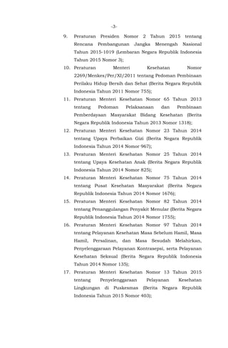 -3-
9. Peraturan Presiden Nomor 2 Tahun 2015 tentang
Rencana Pembangunan Jangka Menengah Nasional
Tahun 2015-1019 (Lembaran Negara Republik Indonesia
Tahun 2015 Nomor 3);
10. Peraturan Menteri Kesehatan Nomor
2269/Menkes/Per/XI/2011 tentang Pedoman Pembinaan
Perilaku Hidup Bersih dan Sehat (Berita Negara Republik
Indonesia Tahun 2011 Nomor 755);
11. Peraturan Menteri Kesehatan Nomor 65 Tahun 2013
tentang Pedoman Pelaksanaan dan Pembinaan
Pemberdayaan Masyarakat Bidang Kesehatan (Berita
Negara Republik Indonesia Tahun 2013 Nomor 1318);
12. Peraturan Menteri Kesehatan Nomor 23 Tahun 2014
tentang Upaya Perbaikan Gizi (Berita Negara Republik
Indonesia Tahun 2014 Nomor 967);
13. Peraturan Menteri Kesehatan Nomor 25 Tahun 2014
tentang Upaya Kesehatan Anak (Berita Negara Republik
Indonesia Tahun 2014 Nomor 825);
14. Peraturan Menteri Kesehatan Nomor 75 Tahun 2014
tentang Pusat Kesehatan Masyarakat (Berita Negara
Republik Indonesia Tahun 2014 Nomor 1676);
15. Peraturan Menteri Kesehatan Nomor 82 Tahun 2014
tentang Penanggulangan Penyakit Menular (Berita Negara
Republik Indonesia Tahun 2014 Nomor 1755);
16. Peraturan Menteri Kesehatan Nomor 97 Tahun 2014
tentang Pelayanan Kesehatan Masa Sebelum Hamil, Masa
Hamil, Persalinan, dan Masa Sesudah Melahirkan,
Penyelenggaraan Pelayanan Kontrasepsi, serta Pelayanan
Kesehatan Seksual (Berita Negara Republik Indonesia
Tahun 2014 Nomor 135);
17. Peraturan Menteri Kesehatan Nomor 13 Tahun 2015
tentang Penyelenggaraan Pelayanan Kesehatan
Lingkungan di Puskesmas (Berita Negara Republik
Indonesia Tahun 2015 Nomor 403);
 