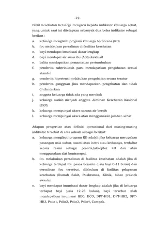 -72-
Profil Kesehatan Keluarga mengacu kepada indikator keluarga sehat,
yang untuk saat ini ditetapkan sebanyak dua belas indikator sebagai
berikut :
a. keluarga mengikuti program keluarga berencana (KB)
b. ibu melakukan persalinan di fasilitas kesehatan
c. bayi mendapat imunisasi dasar lengkap
d. bayi mendapat air susu ibu (ASI) eksklusif
e. balita mendapatkan pemantauan pertumbuhan
f. penderita tuberkulosis paru mendapatkan pengobatan sesuai
standar
g. penderita hipertensi melakukan pengobatan secara teratur
h. penderita gangguan jiwa mendapatkan pengobatan dan tidak
ditelantarkan
i. anggota keluarga tidak ada yang merokok
j. keluarga sudah menjadi anggota Jaminan Kesehatan Nasional
(JKN)
k. keluarga mempunyai akses sarana air bersih
l. keluarga mempunyai akses atau menggunakan jamban sehat.
Adapun pengertian atau definisi operasional dari masing-masing
indikator tersebut di atas adalah sebagai berikut:
a. keluarga mengikuti program KB adalah jika keluarga merupakan
pasangan usia subur, suami atau isteri atau keduanya, terdaftar
secara resmi sebagai peserta/akseptor KB dan atau
menggunakan alat kontrasepsi.
b. ibu melakukan persalinan di fasilitas kesehatan adalah jika di
keluarga terdapat ibu pasca bersalin (usia bayi 0-11 bulan) dan
persalinan ibu tersebut, dilakukan di fasilitas pelayanan
kesehatan (Rumah Sakit, Puskesmas, Klinik, bidan praktek
swasta).
c. bayi mendapat imunisasi dasar lengkap adalah jika di keluarga
terdapat bayi (usia 12-23 bulan), bayi tersebut telah
mendapatkan imunisasi HB0, BCG, DPT-HB1, DPT-HB2, DPT-
HB3, Polio1, Polio2, Polio3, Polio4, Campak.
 