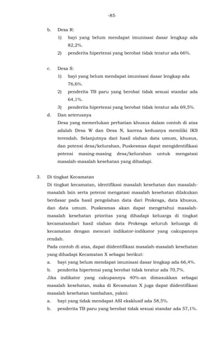 -85-
b. Desa R:
1) bayi yang belum mendapat imunisasi dasar lengkap ada
82,2%.
2) penderita hipertensi yang berobat tidak teratur ada 66%.
c. Desa S:
1) bayi yang belum mendapat imunisasi dasar lengkap ada
76,6%.
2) penderita TB paru yang berobat tidak sesuai standar ada
64,1%.
3) penderita hipertensi yang berobat tidak teratur ada 69,5%.
d. Dan seterusnya
Desa yang memerlukan perhatian khusus dalam contoh di atas
adalah Desa W dan Desa N, karena keduanya memiliki IKS
terendah. Selanjutnya dari hasil olahan data umum, khusus,
dan potensi desa/kelurahan, Puskesmas dapat mengidentifikasi
potensi masing-masing desa/kelurahan untuk mengatasi
masalah-masalah kesehatan yang dihadapi.
3. Di tingkat Kecamatan
Di tingkat kecamatan, identifikasi masalah kesehatan dan masalah-
masalah lain serta potensi mengatasi masalah kesehatan dilakukan
berdasar pada hasil pengolahan data dari Prokesga, data khusus,
dan data umum. Puskesmas akan dapat mengetahui masalah-
masalah kesehatan prioritas yang dihadapi keluarga di tingkat
kecamatandari hasil olahan data Prokesga seluruh keluarga di
kecamatan dengan mencari indikator-indikator yang cakupannya
rendah.
Pada contoh di atas, dapat diidentifikasi masalah-masalah kesehatan
yang dihadapi Kecamatan X sebagai berikut:
a. bayi yang belum mendapat imunisasi dasar lengkap ada 66,4%.
b. penderita hipertensi yang berobat tidak teratur ada 70,7%.
Jika indikator yang cakupannya 40%-an dimasukkan sebagai
masalah kesehatan, maka di Kecamatan X juga dapat diidentifikasi
masalah kesehatan tambahan, yakni:
a. bayi yang tidak mendapat ASI eksklusif ada 58,5%.
b. penderita TB paru yang berobat tidak sesuai standar ada 57,1%.
 