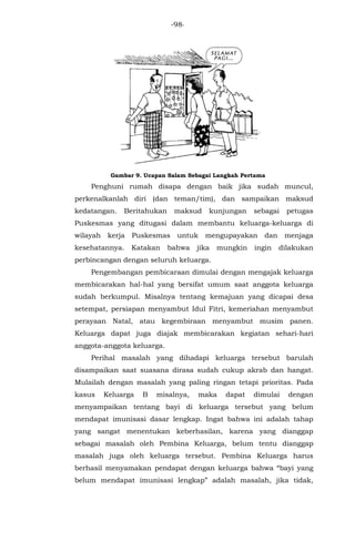 -98-
Gambar 9. Ucapan Salam Sebagai Langkah Pertama
Penghuni rumah disapa dengan baik jika sudah muncul,
perkenalkanlah diri (dan teman/tim), dan sampaikan maksud
kedatangan. Beritahukan maksud kunjungan sebagai petugas
Puskesmas yang ditugasi dalam membantu keluarga-keluarga di
wilayah kerja Puskesmas untuk mengupayakan dan menjaga
kesehatannya. Katakan bahwa jika mungkin ingin dilakukan
perbincangan dengan seluruh keluarga.
Pengembangan pembicaraan dimulai dengan mengajak keluarga
membicarakan hal-hal yang bersifat umum saat anggota keluarga
sudah berkumpul. Misalnya tentang kemajuan yang dicapai desa
setempat, persiapan menyambut Idul Fitri, kemeriahan menyambut
perayaan Natal, atau kegembiraan menyambut musim panen.
Keluarga dapat juga diajak membicarakan kegiatan sehari-hari
anggota-anggota keluarga.
Perihal masalah yang dihadapi keluarga tersebut barulah
disampaikan saat suasana dirasa sudah cukup akrab dan hangat.
Mulailah dengan masalah yang paling ringan tetapi prioritas. Pada
kasus Keluarga B misalnya, maka dapat dimulai dengan
menyampaikan tentang bayi di keluarga tersebut yang belum
mendapat imunisasi dasar lengkap. Ingat bahwa ini adalah tahap
yang sangat menentukan keberhasilan, karena yang dianggap
sebagai masalah oleh Pembina Keluarga, belum tentu dianggap
masalah juga oleh keluarga tersebut. Pembina Keluarga harus
berhasil menyamakan pendapat dengan keluarga bahwa “bayi yang
belum mendapat imunisasi lengkap” adalah masalah, jika tidak,
 