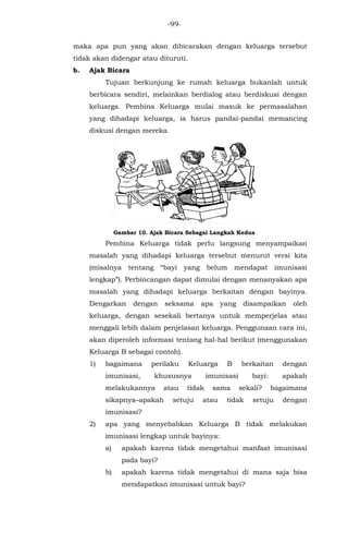 -99-
maka apa pun yang akan dibicarakan dengan keluarga tersebut
tidak akan didengar atau dituruti.
b. Ajak Bicara
Tujuan berkunjung ke rumah keluarga bukanlah untuk
berbicara sendiri, melainkan berdialog atau berdiskusi dengan
keluarga. Pembina Keluarga mulai masuk ke permasalahan
yang dihadapi keluarga, ia harus pandai-pandai memancing
diskusi dengan mereka.
Gambar 10. Ajak Bicara Sebagai Langkah Kedua
Pembina Keluarga tidak perlu langsung menyampaikan
masalah yang dihadapi keluarga tersebut menurut versi kita
(misalnya tentang “bayi yang belum mendapat imunisasi
lengkap”). Perbincangan dapat dimulai dengan menanyakan apa
masalah yang dihadapi keluarga berkaitan dengan bayinya.
Dengarkan dengan seksama apa yang disampaikan oleh
keluarga, dengan sesekali bertanya untuk memperjelas atau
menggali lebih dalam penjelasan keluarga. Penggunaan cara ini,
akan diperoleh informasi tentang hal-hal berikut (menggunakan
Keluarga B sebagai contoh).
1) bagaimana perilaku Keluarga B berkaitan dengan
imunisasi, khususnya imunisasi bayi: apakah
melakukannya atau tidak sama sekali? bagaimana
sikapnya–apakah setuju atau tidak setuju dengan
imunisasi?
2) apa yang menyebabkan Keluarga B tidak melakukan
imunisasi lengkap untuk bayinya:
a) apakah karena tidak mengetahui manfaat imunisasi
pada bayi?
b) apakah karena tidak mengetahui di mana saja bisa
mendapatkan imunisasi untuk bayi?
 