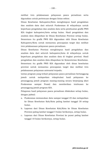 - 100 -
melihat tren pelaksanaan pelayanan pasca persalinan serta
digunakan untuk pertemuan dengan lintas sektor.
Dinas Kesehatan Kabupaten/Kota menghimpun hasil pengolahan
dan analisis data dari seluruh Puskesmas di wilayahnya untuk
keperluan pengolahan dan analisis data serta pembuatan grafik PWS
KIA tingkat kabupaten/kota setiap bulan. Hasil pengolahan dan
analisis data dilaporkan ke Dinas Kesehatan Provinsi setiap bulan.
Sementara itu grafik PWS KIA digunakan oleh Dinas Kesehatan
Kabupaten/Kota untuk memantau pencapaian target dan melihat
tren pelaksanaan pelayanan pasca persalinan.
Dinas Kesehatan Provinsi menghimpun hasil pengolahan dan
analisis data dari seluruh kabupaten/kota di wilayahnya untuk
keperluan pengolahan dan analisis data di tingkat provinsi. Hasil
pengolahan dan analisis data dilaporkan ke Kementerian Kesehatan.
Sementara itu grafik PWS KIA digunakan oleh dinas kesehatan
provinsi untuk memantau pencapaian target dan melihat tren
pelaksanaan pelayanan antenatal terpadu.
Lintas program yang terkait pelayanan pasca persalinan bertanggung
jawab untuk melaporkan rekapitulasi hasil pelayanan ke
penanggung jawab program masing-masing secara berjenjang (dari
Puskesmas sampai Pusat) dan memberikan tembusan ke
penanggung jawab program KIA.
Pelaporan hasil pelayanan pasca persalinan dilakukan setiap bulan,
dengan jadwal:
a. Puskesmas memasukan data sampai tanggal 25 dan melaporkan
ke Dinas Kesehatan Kab/Kota paling lambat tanggal 30 setiap
bulan.
b. Laporan dari Dinas Kesehatan Kab/Kota ke Dinas Kesehatan
Provinsi paling lambat tanggal 5 bulan berikutnya, setiap bulan.
c. Laporan dari Dinas Kesehatan Provinsi ke pusat paling lambat
tanggal 10 bulan berikutnya, setiap bulan.
jdih.kemkes.go.id
 