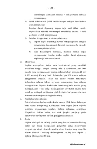 - 131 -
kontrasepsi tambahan selama 7 hari pertama setelah
pemasangan.
5) Tidak menstruasi (tidak berhubungan dengan melahirkan
atau menyusui):
Implan dapat dipasang kapan saja asal tidak hamil.
Diperlukan metode kontrasepsi tambahan selama 7 hari
pertama setelah pemasangan.
6) Setelah penggunaan kontrasepsi darurat:
a) Implan dapat dipasangan pada hari yang sama dengsn
penggunaan kontrasepsi darurat, namun perlu metode
kontrasepsi tambahan.
b) Jika tidaksegera memulai, namun masih ingin
menggunakan implan maka implan dapat dipasang
kapan saja asal tidak hamil.
d. Efektivitas
Implan merupakan salah satu kontrasepsi yang memiliki
efektifitas tinggi. Sangat kurang dari 1 kehamilan per 100
wanita yang menggunakan implan selama tahun pertama (1 per
1.000 wanita). Kurang dari 1 kehamilan per 100 wanita selama
penggunaan implan. Tetap ada risiko rendah terjadinya
kehamilan selama tahun pertama penggunaan dan selama
menggunakan implan. Efektivitas berkurang pada wanita yang
menggunakan obat yang meningkatkan produksi enzim hati
misalnya anti epilepsi (fenobarbital, fenitoin, karbamazepin) dan
antibiotika (rifampisin dan griseofulvin).
e. Kembalinya kesuburan
Setelah implan dicabut maka kadar serum LNG dalam beberapa
hari sudah menghilang. Kesuburan akan segera pulih seperti
sebelum pemasangan implan. Dalam beberapa penelitian
dilaporkan bahwa tidak ada efek jangka panjang pada
kesuburan perempuan setelah penggunaan implan.
f. Jenis
Implan merupakan batang plastik yang lentur seukuran batang
korek api yang melepaskan progestin yang menyerupai
progesteron alami ditubuh wanita. Jenis implan yang tersedia
adalah implan 2 batang Levonorgestrel 75 mg dan implan 1
batang Etonogestrel 68 mg.
jdih.kemkes.go.id
 