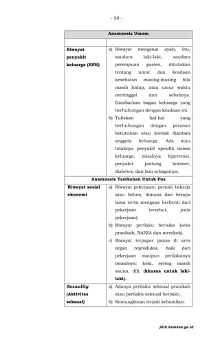 - 58 -
Anamnesis Umum
• Riwayat
penyakit
keluarga (RPK)
a) Riwayat mengenai ayah, ibu,
saudara laki-laki, saudara
perempuan pasien, dituliskan
tentang umur dan keadaan
kesehatan masing-masing bila
masih hidup, atau umur waktu
meninggal dan sebabnya.
Gambarkan bagan keluarga yang
berhubungan dengan keadaan ini.
b) Tuliskan hal-hal yang
berhubungan dengan peranan
keturunan atau kontak diantara
anggota keluarga. Ada atau
tidaknya penyakit spesifik dalam
keluarga, misalnya hipertensi,
penyakit jantung koroner,
diabetes, dan lain sebagainya.
Anamnesis Tambahan Untuk Pus
Riwayat sosial
ekonomi
a) Riwayat pekerjaan: pernah bekerja
atau belum, dimana dan berapa
lama serta mengapa berhenti dari
pekerjaan tersebut, jenis
pekerjaan).
b) Riwayat perilaku berisiko (seks
pranikah, NAPZA dan merokok).
c) Riwayat terpapar panas di area
organ reproduksi, baik dari
pekerjaan maupun perilakunya
(misalnya: koki, sering mandi
sauna, dll). (khusus untuk laki-
laki).
Sexuality
(Aktivitas
seksual)
a) Adanya perilaku seksual pranikah
atau perilaku seksual berisiko.
b) Kemungkinan terjadi kehamilan.
jdih.kemkes.go.id
 