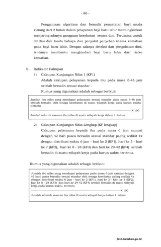 - 86 -
Penggunaan algoritma dan formulir pencatatan bayi muda
kurang dari 2 bulan dalam pelayanan bayi baru lahir memungkinkan
menjaring adanya gangguan kesehatan secara dini. Terutama untuk
deteksi dini tanda bahaya dan penyakit penyebab utama kematian
pada bayi baru lahir. Dengan adanya deteksi dan pengobatan dini,
tentunya membantu menghindari bayi baru lahir dari risiko
kematian.
b. Indikator Cakupan
1) Cakupan Kunjungan Nifas 1 (KF1)
Adalah cakupan pelayanan kepada ibu pada masa 6-48 jam
setelah bersalin sesuai standar .
Rumus yang digunakan adalah sebagai berikut:
2) Cakupan Kunjungan Nifas Lengkap (KF lengkap)
Cakupan pelayanan kepada ibu pada masa 6 jam sampai
dengan 42 hari pasca bersalin sesuai standar paling sedikit 4x
dengan distribusi waktu 6 jam - hari ke 2 (KF1), hari ke 3 - hari
ke 7 (KF2), hari ke 8 - 28 (KF3) dan hari ke 29-42 (KF4) setelah
bersalin di suatu wilayah kerja pada kurun waktu tertentu.
Rumus yang digunakan adalah sebagai berikut:
Jumlah ibu nifas yang mendapat pelayanan pada masa 6 jam sampai dengan
42 hari pasca bersalin sesuai standar oleh tenaga kesehatan paling sedikit 4x
dengan distribusi waktu 6 jam - hari ke 2 (KF1), hari ke 3 - hari ke 7 (KF2),
hari ke 8 - 28 (KF3) dan hari ke 29-42 (KF4) setelah bersalin di suatu wilayah
kerja pada kurun waktu tertentu
-------------------------------------------------------------------------------------X 100
Jumlah seluruh sasaran ibu nifas di suatu wilayah kerja dalam 1 tahun
Jumlah ibu nifas yang mendapat pelayanan sesuai standar pada masa 6-48 jam
setelah bersalin oleh tenaga kesehatan di suatu wilayah kerja pada kurun waktu
tertentu
------------------------------------------------------------------------------------------------X 100
Jumlah seluruh sasaran ibu nifas di suatu wilayah kerja dalam 1 tahun
jdih.kemkes.go.id
 