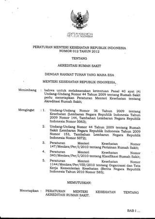 PMK no 12 tahun 2012 tentang akreditasi rumah sakit