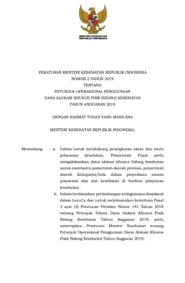 Permenkes Ri No 2 Th 2019 Tentang Petunjuk Operasional Penggunaan Da