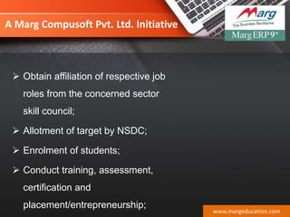 A Marg Compusoft Pvt. Ltd. Initiative
 Obtain affiliation of respective job
roles from the concerned sector
skill council;
 Allotment of target by NSDC;
 Enrolment of students;
 Conduct training, assessment,
certification and
placement/entrepreneurship;
www.margeducation.com
 