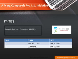 IT-ITES
Domestic Data entry Operator--- 440 HRS
www.margeducation.com
SNO CLASS SIZE
1 THEORY CLASS 500 SQ FEET
2 COMP LAB. 500 SQ FEET
A Marg Compusoft Pvt. Ltd. Initiative
www.margeducation.com
 