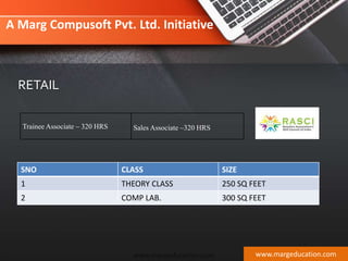 RETAIL
Trainee Associate – 320 HRS Sales Associate –320 HRS
www.margeducation.com
SNO CLASS SIZE
1 THEORY CLASS 250 SQ FEET
2 COMP LAB. 300 SQ FEET
A Marg Compusoft Pvt. Ltd. Initiative
www.margeducation.com
 