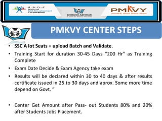 • SSC A lot Seats + upload Batch and Validate.
• Training Start for duration 30-45 Days “200 Hr” as Training
Complete
• Exam Date Decide & Exam Agency take exam
• Results will be declared within 30 to 40 days & after results
certificate issued in 25 to 30 days and aprox. Some more time
depend on Govt. ”
• Center Get Amount after Pass- out Students 80% and 20%
after Students Jobs Placement.
 