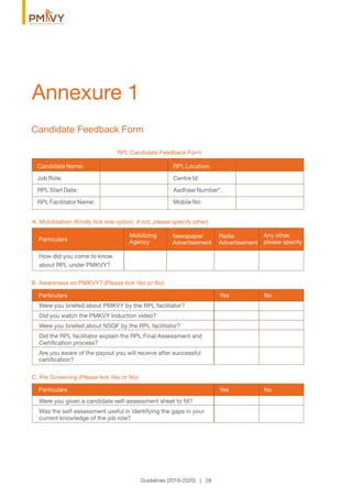 Candidate Feedback Form
Annexure 1
Guidelines (2016-2020) | 28
RPL Candidate Feedback Form
A. Mobilisation (Kindly tick one option, if not, please specify other)
B. Awareness on PMKVY? (Please tick Yes or No)
Candidate Name: RPL Location:
Job Role: Centre Id:
RPL Start Date: Aadhaar Number* :
RPL Facilitator Name: Mobile No:
How did you come to know
about RPL under PMKVY?
Were you briefed about PMKVY by the RPL facilitator?
Did you watch the PMKVY Induction video?
Were you briefed about NSQF by the RPL facilitator?
Did the RPL facilitator explain the RPL Final Assessment and
Certiﬁcation process?
Are you aware of the payout you will receive after successful
certiﬁcation?
Particulars
Particulars
Mobilizing
Agency
Yes No
C. Pre Screening (Please tick Yes or No)
Were you given a candidate self-assessment sheet to ﬁll?
Was the self-assessment useful in identifying the gaps in your
current knowledge of the job role?
Particulars Yes No
Newspaper
Advertisement
Radio
Advertisement
Any other,
please specify
 