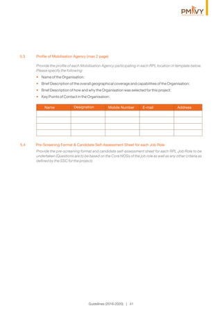 5.3 Proﬁle of Mobilisation Agency (max 2 page)
5.4 Pre-Screening Format & Candidate Self-Assessment Sheet for each Job Role
Provide the proﬁle of each Mobilisation Agency participating in each RPL location in template below.
Please specify the following:
• Name of the Organisation:
• Brief Description of the overall geographical coverage and capabilities of the Organisation:
• Brief Description of how and why the Organisation was selected for this project:
• Key Points of Contact in the Organisation:
Provide the pre-screening format and candidate self-assessment sheet for each RPL Job Role to be
undertaken (Questions are to be based on the Core NOSs of the job role as well as any other criteria as
deﬁned by the SSC for the project).
Name Designation Mobile Number E-mail Address
Guidelines (2016-2020) | 41
 
