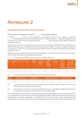 Undertaking from the Training Centre
Annexure 2
Undertaking-cum-Declaration on behalf of__________ [Training Partner’s Name]
I, Mr/Mrs ___________(name of the signatory), an authorized signatory and acting on behalf of
________(Training Partner name) (hereinafter referred to as “Training Partner”), a company registered under
Companies Act, 1956 having its registered ofﬁce at ___________ (enter registered ofﬁce address) state and
undertake as below:
That the Training Partner will avail placement incentives in accordance with PMKVY Process Manual from
National Skill Development Corporation (hereinafter referred to as “NSDC”), a company registered under the
Companies Act, 1956, having its registered ofﬁce at A-Block, Clarion Collection, Shaheed Jeet Singh Marg,
New Delhi-110016.
That based on the obligations arising upon the Training Partner, I, on behalf of the Training Partner, do hereby
conﬁrm, assure, declare and irrevocably undertake that:
(i) The following candidates have been placed in Wage Employment:
(ii) The following trainees have opted for and are currently self-employed:
(iii) The documents furnished by the Training Partner to NSDC as proof of placement for all the
aforementioned trainees are true and correct.
(iv) All the data for the above mentioned candidates has been uploaded in SDMS and information
furnished in the documents matches with that on the SDMS website.
That in case any of the information and /or documents furnished by Training Partner is found to be incorrect and
/ or misleading and / or mismatching with the data uploaded in SDMS, NSDC shall have the right to take any
suitable action, including suspension or blacklisting of the Training Partner, and may withhold any
disbursement amount due. Further, Training Partner agrees that it shall indemnify, defend, hold harmless and
Sr.
No.
Candidate
Name
Candidate
ID
Batch
ID
Employer
Name
Employer
SPOC
Name
Employer
SPOC
Mobile
Number
Training
Centre
ID
Monthly
CTC
Offered
to the
Trainee
Document
enclosed
as evidence
of
placement
Sr. No. Candidate Name Candidate ID Candidate Mobile No. Training Centre ID
Guidelines (2016-2020) | 75
 