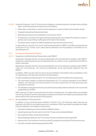Guidelines (2016-2020) | 83
6.2.6.5 Unethical Practices: If the TC is found to be indulging in unethical practices, stringent action shall be
taken. Unethical practices include but are not limited to :
Offering any undue favour in cash or kind to assessors in order to inﬂuence the trainee’s results•
Forging/manipulating the placement data•
Misleading trainees during mobilisation or at any point of time•
Providing any information through branding/marketing that may mislead the trainees or public in•
general, such as promising to offer government jobs to the trainees
Any other serious violation to PMKVY guidelines observed at any point of time.•
In case of (6.2.6.1) and (6.2.6.4), the TC shall be blacklisted from PMKVY; the PMC may blacklist the
concerned TP too. Further, such cases shall be referred to the Accreditation Committee for de-
accrediting the TC.
6.2.7 Consequence Management System
6.2.7.1 Suspension and Blacklisting of Stakeholder under PMKVY
Suspension indicates that the concerned stakeholder will not be allowed to operate under PMKVY.
Suspension shall be temporary, for a limited period for six months or more, as decided by the PMC on
case to case basis.
Blacklisting indicates that the concerned stakeholder will not be allowed to operate under PMKVY
under any circumstances. The concerned stakeholder will be permanently debarred from the
PMKVY.
In addition, PMC may also refer the case to the Accreditation Committee for de-accreditation of the
TC, depending on the nature and severity of the discrepancy.
In case of suspension/blacklisting of a TC, the following would be the additional consequences:
The information related to suspension/blacklisting of a TC would be uploaded on the PMKVY•
website, and shall also be communicated to the other Government of India sponsored skill
development schemes.
The detailed consequences that may include ﬁnancial penalty shall be enforced on the concerned•
stakeholder by the PMC.
PMC reserves the right to revise/amend the above consequences. As stated earlier, the detailed
monitoring framework and the associated consequences shall be formulated and published within
three months of the commencement of the Scheme.
6.2.7.2 De-Accreditation of Training Centre
In addition to the monitoring issues deﬁned in Section 6.2.6, the following cases shall also be
reported to the PMC for non-performance/non-compliance. PMC may decide to escalate the matter
to the Accreditation Committee for further action.
Improper/misleading use of accreditation/afﬁliation status•
Imparting training in the job role for which the TC was not accredited/afﬁliated•
Non-payment of fees, as and when required•
Refusal/repeated delays by the TC to conduct Continuous Monitoring through SAR•
Failure of the TC to maintain a minimum monthly Compliance Score and/or Performance score.•
Any other condition deemed appropriate by PMC•
 