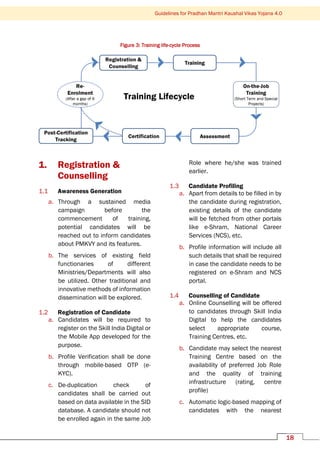 18
Guidelines for Pradhan Mantri Kaushal Vikas Yojana 4.0
1. Registration &
Counselling
1.1 Awareness Generation
a. Through a sustained media
campaign before the
commencement of training,
potential candidates will be
reached out to inform candidates
about PMKVY and its features.
b. The services of existing field
functionaries of different
Ministries/Departments will also
be utilized. Other traditional and
innovative methods of information
dissemination will be explored.
1.2 Registration of Candidate
a. Candidates will be required to
register on the Skill India Digital or
the Mobile App developed for the
purpose.
b. Profile Verification shall be done
through mobile-based OTP (e-
KYC).
c. De-duplication check of
candidates shall be carried out
based on data available in the SID
database. A candidate should not
be enrolled again in the same Job
Role where he/she was trained
earlier.
1.3 Candidate Profiling
a. Apart from details to be filled in by
the candidate during registration,
existing details of the candidate
will be fetched from other portals
like e-Shram, National Career
Services (NCS), etc.
b. Profile information will include all
such details that shall be required
in case the candidate needs to be
registered on e-Shram and NCS
portal.
1.4 Counselling of Candidate
a. Online Counselling will be offered
to candidates through Skill India
Digital to help the candidates
select appropriate course,
Training Centres, etc.
b. Candidate may select the nearest
Training Centre based on the
availability of preferred Job Role
and the quality of training
infrastructure (rating, centre
profile)
c. Automatic logic-based mapping of
candidates with the nearest
Figure 3: Training life-cycle Process
 