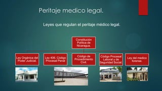 Peritaje medico legal.
Constitución
Política de
Nicaragua.
Ley Orgánica del
Poder Judicial.
Ley 406. Código
Procesal Penal
Código de
Procedimiento
Civil.
Ley del medico
forense.
Código Procesal
Laboral y de
Seguridad Social.
Leyes que regulan el peritaje médico legal.
 