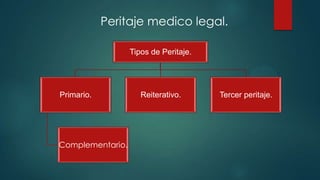 Tipos de Peritaje.
Primario.
Complementario.
Reiterativo. Tercer peritaje.
Peritaje medico legal.
 