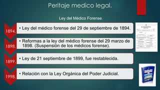 Ley del Médico Forense.
Peritaje medico legal.
1894.
• Ley del médico forense del 29 de septiembre de 1894.
1898.
• Reformas a la ley del médico forense del 29 marzo de
1898. (Suspensión de los médicos forense).
1899.
• Ley de 21 septiembre de 1899, fue restablecida.
1998.
• Relación con la Ley Orgánica del Poder Judicial.
 