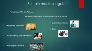  Exámenes Periciales
 Labor de Psiquiatría Forense
 Tanatologia Forense
Peritaje medico legal.
Funciones del Médico Forense.
Desde la conformidad a la interrogante que se le solicita
 Exámenes Auxiliares
 Otros
 