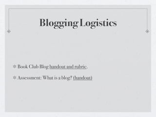 Blogging Logistics



Book Club Blog handout and rubric.

Assessment: What is a blog? (handout)
 