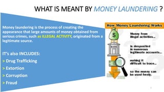 WHAT IS MEANT BY MONEY LAUNDERING ?
2
Money laundering is the process of creating the
appearance that large amounts of money obtained from
serious crimes, such as ILLEGAL ACTIVITY, originated from a
legitimate source.
IT’s also INCLUDES:
> Drug Trafficking
> Extortion
> Corruption
> Fraud
 