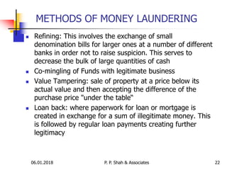 06.01.2018 22
 Refining: This involves the exchange of small
denomination bills for larger ones at a number of different
banks in order not to raise suspicion. This serves to
decrease the bulk of large quantities of cash
 Co-mingling of Funds with legitimate business
 Value Tampering: sale of property at a price below its
actual value and then accepting the difference of the
purchase price "under the table“
 Loan back: where paperwork for loan or mortgage is
created in exchange for a sum of illegitimate money. This
is followed by regular loan payments creating further
legitimacy
METHODS OF MONEY LAUNDERING
P. P. Shah & Associates
 