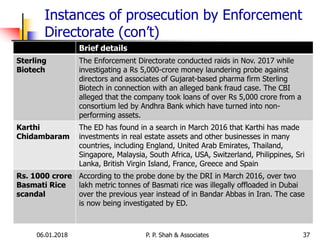 Instances of prosecution by Enforcement
Directorate (con’t)
3706.01.2018 P. P. Shah & Associates
Brief details
Sterling
Biotech
The Enforcement Directorate conducted raids in Nov. 2017 while
investigating a Rs 5,000-crore money laundering probe against
directors and associates of Gujarat-based pharma firm Sterling
Biotech in connection with an alleged bank fraud case. The CBI
alleged that the company took loans of over Rs 5,000 crore from a
consortium led by Andhra Bank which have turned into non-
performing assets.
Karthi
Chidambaram
The ED has found in a search in March 2016 that Karthi has made
investments in real estate assets and other businesses in many
countries, including England, United Arab Emirates, Thailand,
Singapore, Malaysia, South Africa, USA, Switzerland, Philippines, Sri
Lanka, British Virgin Island, France, Greece and Spain
Rs. 1000 crore
Basmati Rice
scandal
According to the probe done by the DRI in March 2016, over two
lakh metric tonnes of Basmati rice was illegally offloaded in Dubai
over the previous year instead of in Bandar Abbas in Iran. The case
is now being investigated by ED.
 