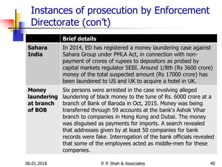 Instances of prosecution by Enforcement
Directorate (con’t)
4006.01.2018 P. P. Shah & Associates
Brief details
Sahara
India
In 2014, ED has registered a money laundering case against
Sahara Group under PMLA Act, in connection with non-
payment of crores of rupees to depositors as probed by
capital markets regulator SEBI. Around 1/8th (Rs 3600 crore)
money of the total suspected amount (Rs 17000 crore) has
been laundered to US and UK to acquire a hotel in UK.
Money
laundering
at branch
of BOB
Six persons were arrested in the case involving alleged
laundering of black money to the tune of Rs. 6000 crore at a
branch of Bank of Baroda in Oct, 2015. Money was being
transferred through 59 accounts at the bank's Ashok Vihar
branch to companies in Hong Kong and Dubai. The money
was disguised as payments for imports. A search revealed
that addresses given by at least 50 companies for bank
records were fake. Interrogation of the bank officials revealed
that some of the employees acted as middle-men for these
companies.
 