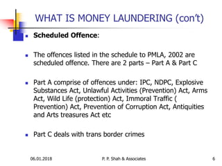 06.01.2018 6
 Scheduled Offence:
 The offences listed in the schedule to PMLA, 2002 are
scheduled offence. There are 2 parts – Part A & Part C
 Part A comprise of offences under: IPC, NDPC, Explosive
Substances Act, Unlawful Activities (Prevention) Act, Arms
Act, Wild Life (protection) Act, Immoral Traffic (
Prevention) Act, Prevention of Corruption Act, Antiquities
and Arts treasures Act etc
 Part C deals with trans border crimes
WHAT IS MONEY LAUNDERING (con’t)
P. P. Shah & Associates
 