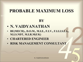 42
1
0011 0010 1010 1101 0001 0100 1011
N. VAIDYANATHAN 1
PROBABLE MAXIMUM LOSS
BY
• N. VAIDYANATHAN
• BE(MECH)., D.O.M., M.I.E., F.I.V., F.I.I.I.S.LA.,
M.I.S.NDT, M.I.R.M(UK)
• CHARTERED ENGINEER
• RISK MANAGEMENT CONSULTANT
 