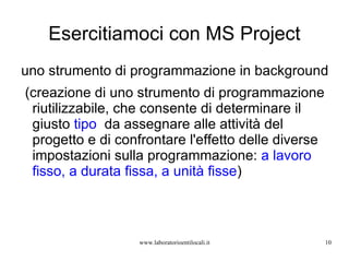Esercitiamoci con MS Project uno strumento di programmazione in background (creazione di uno strumento di programmazione riutilizzabile, che consente di determinare il giusto  tipo   da assegnare alle attività del progetto e di confrontare l'effetto delle diverse impostazioni sulla programmazione:  a lavoro fisso, a durata fissa, a unità fisse ) www.laboratorioentilocali.it 