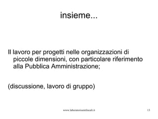 insieme... Il lavoro per progetti nelle organizzazioni di piccole dimensioni, con particolare riferimento alla Pubblica Amministrazione; (discussione, lavoro di gruppo) www.laboratorioentilocali.it 