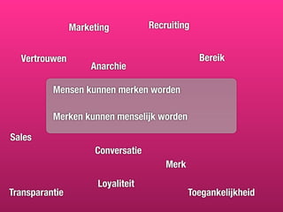 Marketing          Recruiting


  Vertrouwen                                    Bereik
                    Anarchie

          Mensen kunnen merken worden

          Merken kunnen menselijk worden

Sales
                     Conversatie
                                       Merk
                      Loyaliteit
Transparantie                                 Toegankelijkheid
 