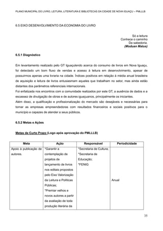 PLANO MUNICIPAL DO LIVRO, LEITURA, LITERATURA E BIBLIOTECAS DA CIDADE DE NOVA IGUAÇU – PMLLLB

6.5 EIXO DESENVOLVIMENTO DA ECONOMIA DO LIVRO

Só a leitura
Conhece o caminho
Da sabedoria.
(Moduan Matus)
6.5.1 Diagnóstico

Em levantamento realizado pelo GT Iguaçulendo acerca do consumo de livros em Nova Iguaçu,
foi detectado um bom fluxo de vendas e acesso à leitura em desenvolvimento, apesar de
possuirmos apenas uma livraria na cidade. Índices positivos em relação à média anual brasileira
de aquisição e leitura de livros entusiasmam aqueles que trabalham no setor, mas ainda estão
distantes dos parâmetros referenciais internacionais.
Foi enfatizada nos encontros com a comunidade realizados por este GT, a ausência de dados e a
escassez de divulgação de obras e de autores iguaçuanos, principalmente os iniciantes.
Além disso, a qualificação e profissionalização do mercado são desejáveis e necessárias para
tornar as empresas empreendedoras com resultados financeiros e sociais positivos para o
município e capazes de atender a seus públicos.
6.5.2 Metas e Ações

Metas de Curto Prazo (Logo após aprovação do PMLLLB)

Meta

Ação

Responsável

Apoio à publicação de *Garantir a

*Secretaria de Cultura;

autores.

contemplação de

*Secretaria de

projetos de

Educação;

lançamento de livros

Periodicidade

*FENIG

nos editais propostos
pelo Eixo Valorização
da Leitura e Políticas

Anual

Públicas;
*Premiar velhos e
novos autores a partir
da avaliação de toda
produção literária da

35

 