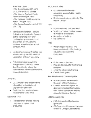 > The Milk Code
> The Generics Law (RA 6675)
a.k.a. Generics Act of 1988
> The Magna Carta of Public
Health Workers (RA 7305)
> The National Health Insurance
Act of 1995 (RA 7875)
> The Organ Donation Act of 1991
(RA 7170)
 Ramos administration – EO 29:
Philippine National AIDS Council
as the national policy and
advisory body on control and
prevention of HIV-AIDS; The
National Blood Services Act of
1994 (RA 7719)
 Medical Technology Practice was
introduced by the 26th Medical
Laboratory of the 6th U.S. Army
 First clinical laboratory in the
Philippines at Quiricada Street,
Sta. Cruz, Manila where the
Manila Public Health Laboratory is
presently located.
JUNE 1943
 U.S. Army left and endorsed the
clinical lab to the National
Department of Health
 The laboratory rendered non-
functional for some time
FEBRUARY 1944
 The laboratory offered training
programs to high school
graduates
OCTOBER 1, 1945
 Dr. Alfredo Pio de Roda –
organized Manila Public Health
Laboratory
 Dr. Mariano Icasiano – Manila City
Health Officer
1947
 Dr. Pio de Roda & Dr. Sta. Ana
 Training of high school graduates
as medical technicians
 No period of training
 No certificate
1953
 William Hilgert Hedrick – the
Founder of Medical Technology
education course in the
Philippines
1954
 Dr. Prudencia Sta. Ana
 Prepared syllabus for the training
program
 6 months laboratory training
 Certificate is given
PHILIPPINE UNION COLLEGE (1954)
 Now known as the Adventist
University of the Philippines
 Offered the first four-year B.S.
degree in Medical Technology
with Manila Sanitarium (Manila
Adventist Medical Center)
JESSE UMALI (1956)
 PUC- first Medical Technology
graduate
 OB-Gyne practitioner and was an
owner of Omega Laboratories
 