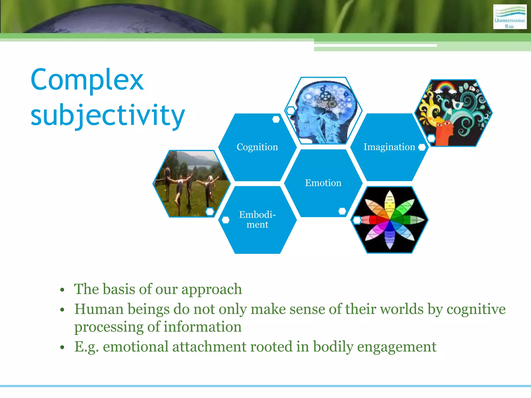 Complex
subjectivity
• The basis of our approach
• Human beings do not only make sense of their worlds by cognitive
processing of information
• E.g. emotional attachment rooted in bodily engagement
Embodi-
ment
Emotion
Cognition Imagination
 