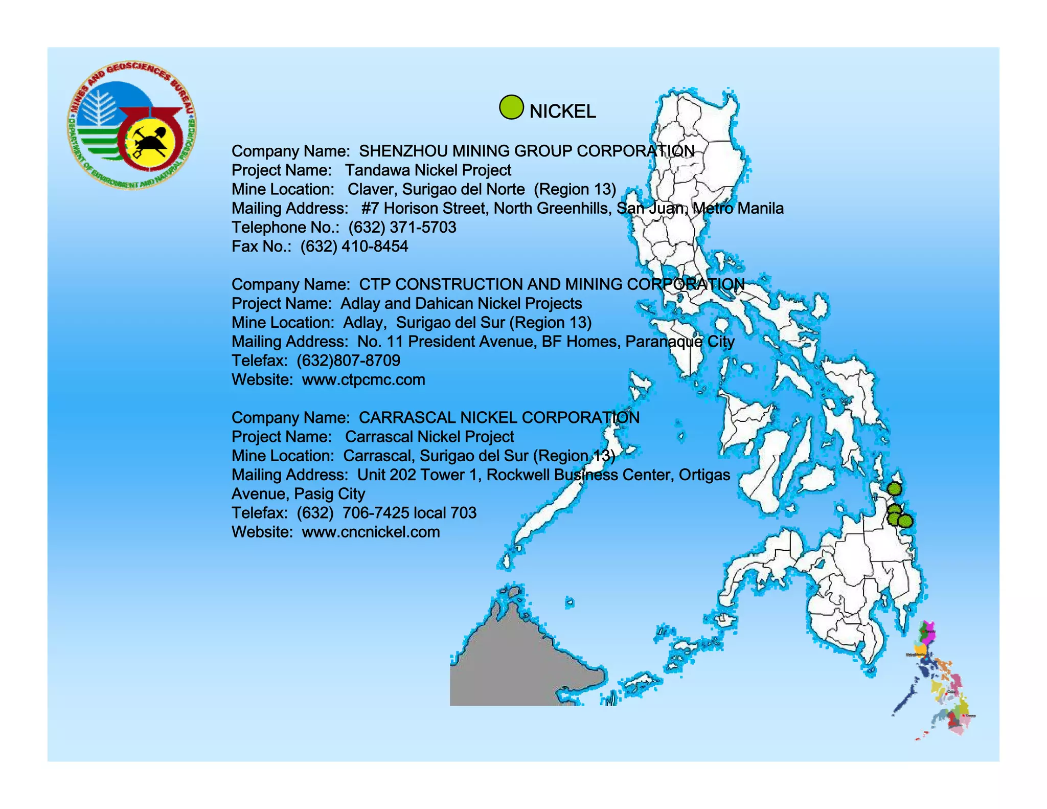 NICKEL
Company Name: SHENZHOU MINING GROUP CORPORATION
Project Name: Tandawa Nickel Project
Mine Location: Claver, Surigao del Norte (Region 13)
Mailing Address: #7 Horison Street, North Greenhills, San Juan, Metro Manila
Telephone No.: (632) 371-5703
Fax No.: (632) 410 8454
410-8454
Company Name: CTP CONSTRUCTION AND MINING CORPORATION
Project Name: Adlay and Dahican Nickel Projects
Mine Location: Adlay, Surigao del Sur (Region 13)
Mailing Address: No. 11 President Avenue, BF Homes, Paranaque City
Telefax: (632)807-8709
Website: www.ctpcmc.com
Company Name: CARRASCAL NICKEL CORPORATION
Project Name: Carrascal Nickel Project
Mine Location: Carrascal Surigao del Sur (Region 13)
Carrascal,
Mailing Address: Unit 202 Tower 1, Rockwell Business Center, Ortigas
Avenue, Pasig City
Telefax: (632) 706-7425 local 703
Website: www.cncnickel.com

 