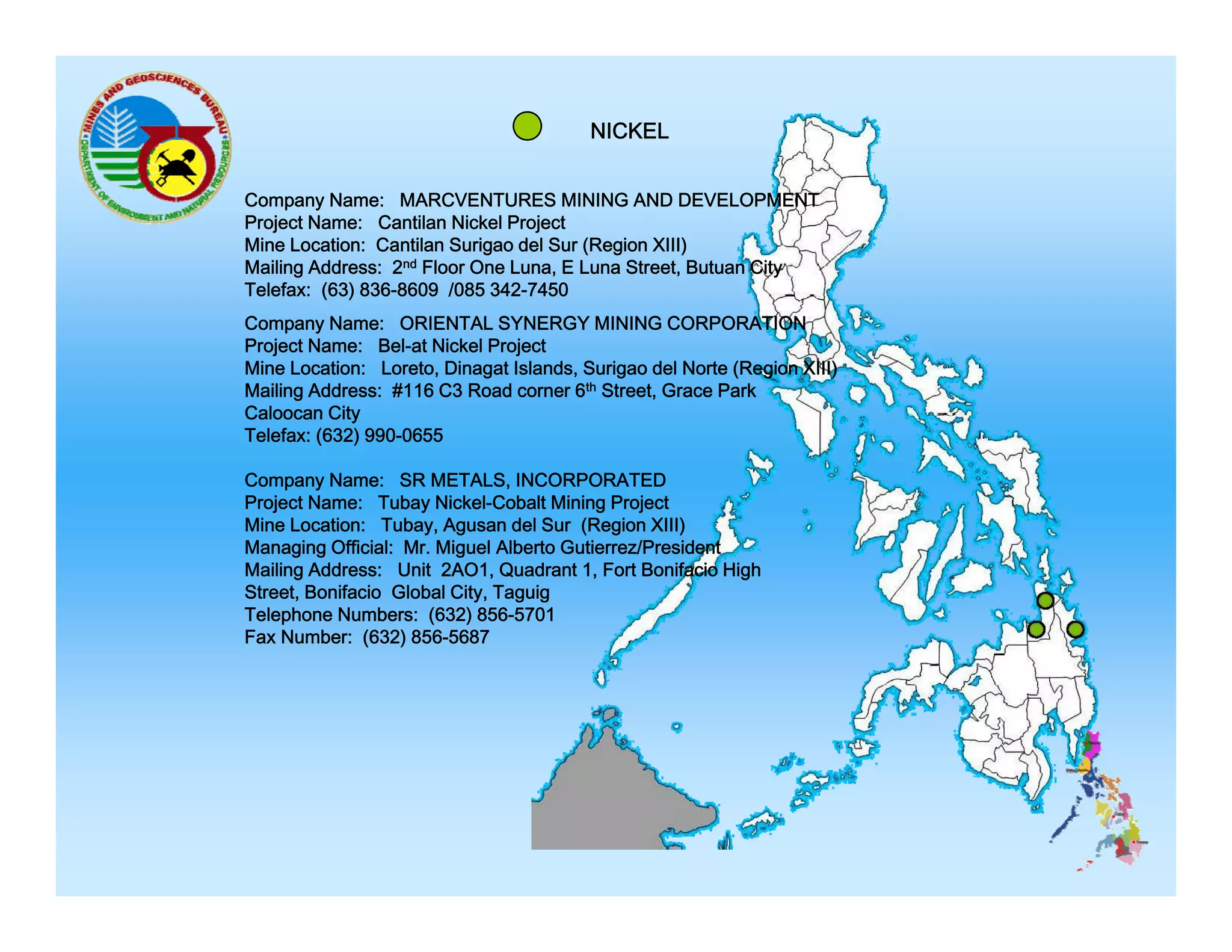 NICKEL
Company Name: MARCVENTURES MINING AND DEVELOPMENT
Project Name: Cantilan Nickel Project
Mine Location: Cantilan Surigao del Sur (Region XIII)
Mailing Address: 2nd Floor One Luna, E Luna Street, Butuan City
Telefax: (63) 836 8609 /085 342 7450
836-8609
342-7450
Company Name: ORIENTAL SYNERGY MINING CORPORATION
Project Name: Bel-at Nickel Project
Mine Location: Loreto, Dinagat Islands, Surigao del Norte (Region XIII)
Mailing Address: #116 C3 Road corner 6th Street, Grace Park
Caloocan City
Telefax: (632) 990-0655
Company Name: SR METALS, INCORPORATED
Project Name: Tubay Nickel-Cobalt Mining Project
Mine Location: Tubay, Agusan del Sur (Region XIII)
Managing Official: Mr. Miguel Alberto Gutierrez/President
Mailing Address: Unit 2AO1, Quadrant 1, Fort Bonifacio High
Street, Bonifacio Global City, Taguig
Telephone Numbers: (632) 856-5701
Fax Number: (632) 856-5687

 