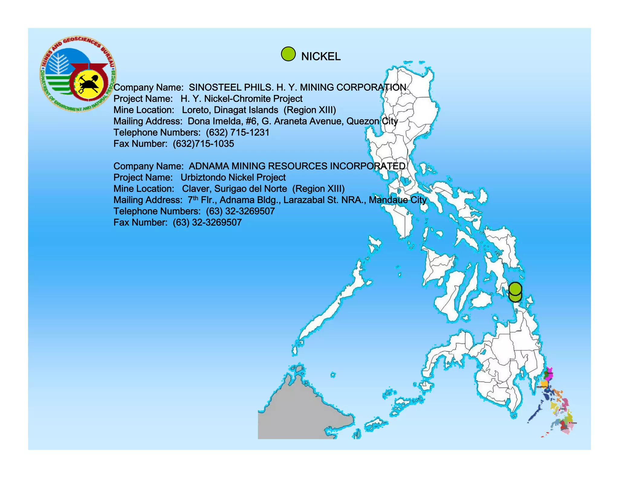 NICKEL
Company Name: SINOSTEEL PHILS H Y MINING CORPORATION
PHILS. H. Y.
Project Name: H. Y. Nickel-Chromite Project
Mine Location: Loreto, Dinagat Islands (Region XIII)
Mailing Address: Dona Imelda, #6, G. Araneta Avenue, Quezon City
Telephone Numbers: (632) 715-1231
Fax Number: (632)715-1035
(
)
Company Name: ADNAMA MINING RESOURCES INCORPORATED
Project Name: Urbiztondo Nickel Project
Mine Location: Claver, Surigao del Norte (Region XIII)
Mailing Address: 7th Flr., Adnama Bldg., Larazabal St. NRA., Mandaue City
Telephone N b
T l h
Numbers: (63) 32 3269507
32-3269507
Fax Number: (63) 32-3269507

 