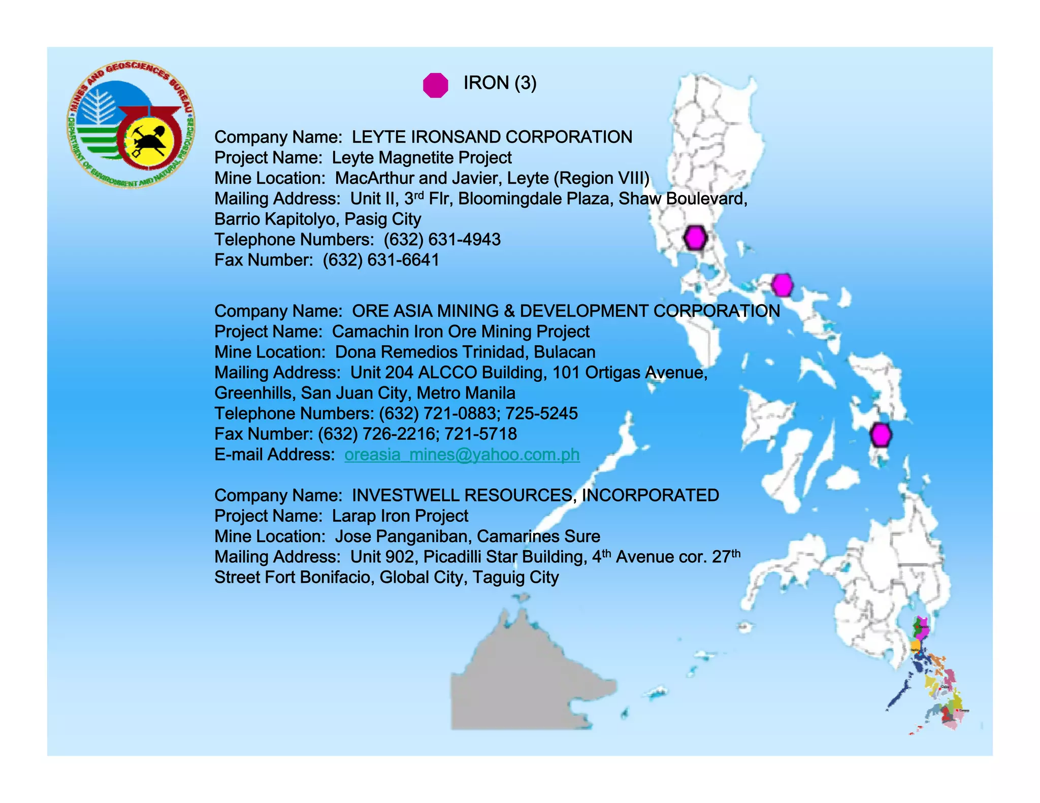 IRON (3)
Company Name: LEYTE IRONSAND CORPORATION
Project Name: Leyte Magnetite Project
Mine Location: MacArthur and Javier, Leyte (Region VIII)
Mailing Address: Unit II, 3rd Flr, Bloomingdale Plaza, Shaw Boulevard,
Barrio Kapitolyo, Pasig City
Telephone Numbers: (632) 631-4943
Fax Number: (632) 631-6641
Company Name: ORE ASIA MINING & DEVELOPMENT CORPORATION
Project Name: Camachin Iron Ore Mining Project
Mine Location: Dona Remedios Trinidad Bulacan
Trinidad,
Mailing Address: Unit 204 ALCCO Building, 101 Ortigas Avenue,
Greenhills, San Juan City, Metro Manila
Telephone Numbers: (632) 721-0883; 725-5245
Fax Number: (632) 726-2216; 721-5718
E mail Address: oreasia mines@yahoo com ph
E-mail
oreasia_mines@yahoo.com.ph
Company Name: INVESTWELL RESOURCES, INCORPORATED
Project Name: Larap Iron Project
Mine Location: Jose Panganiban, Camarines Sure
Mailing Address: U it 902 Pi dilli St B ildi
Unit 902, Picadilli Star Building, 4th A
Avenue cor. 27th
M ili Add
Street Fort Bonifacio, Global City, Taguig City

 
