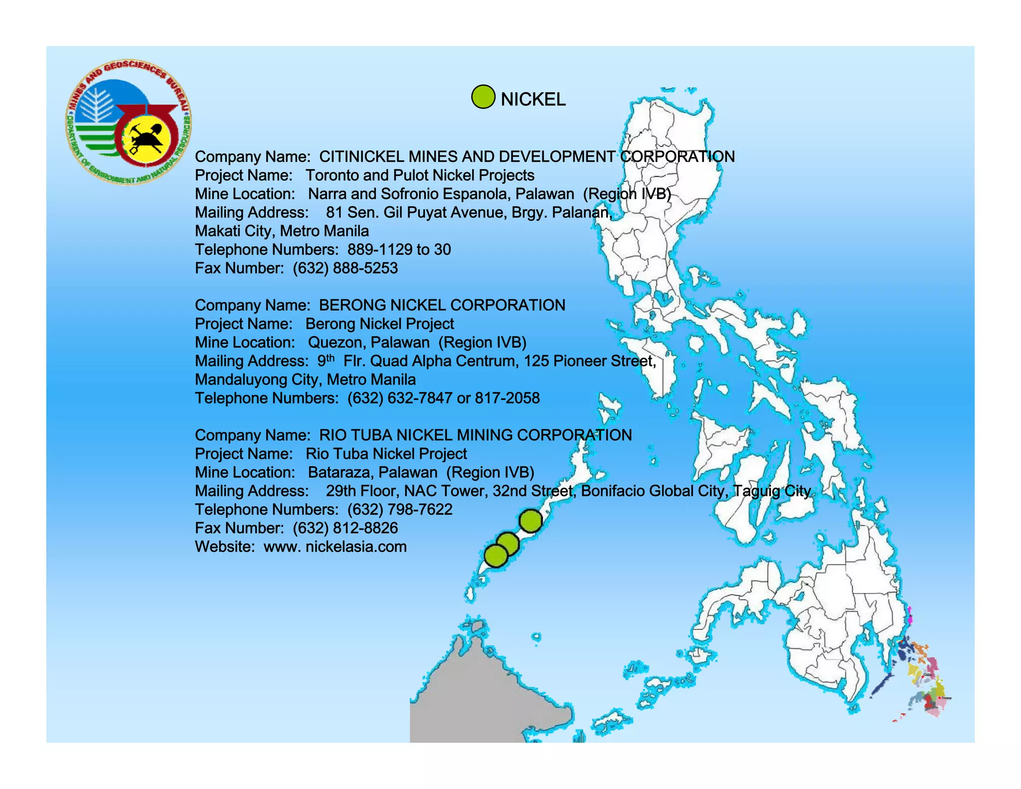NICKEL
Company Name: CITINICKEL MINES AND DEVELOPMENT CORPORATION
Project Name: Toronto and Pulot Nickel Projects
Mine Location: Narra and Sofronio Espanola, Palawan (Region IVB)
Mailing Address: 81 Sen. Gil Puyat Avenue, Brgy. Palanan,
Makati City, Metro Manila
Telephone N b
T l h
Numbers: 889 1129 t 30
889-1129 to
Fax Number: (632) 888-5253
Company Name: BERONG NICKEL CORPORATION
Project Name: Berong Nickel Project
Mine Location: Quezon Palawan (Region IVB)
Quezon,
Mailing Address: 9th Flr. Quad Alpha Centrum, 125 Pioneer Street,
Mandaluyong City, Metro Manila
Telephone Numbers: (632) 632-7847 or 817-2058
Company Name: RIO TUBA NICKEL MINING CORPORATION
Project Name: Rio Tuba Nickel Project
Mine Location: Bataraza, Palawan (Region IVB)
Mailing Address: 29th Floor, NAC Tower, 32nd Street, Bonifacio Global City, Taguig City
Telephone Numbers: (632) 798-7622
Fax Number: (632) 812-8826
Website:
W b it www. nickelasia.com
i k l i

 