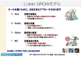 PFI [プロジェクトファシリテーター協会] Naoya Maekawa 12
【【【【ごごごご参考参考参考参考】】】】GROWGROWGROWGROWモデルモデルモデルモデル
☺ Goal 目標の明確化
抽象的な大目標から具体的な中小目標へ
「何を目標にしますか？」
Reality 現実の把握
本当の問題は何か？
「現在、どのような状況にありますか？」
Option 選択肢の創造
無限の可能性を追求、ベストの選択肢を選ぶ
「どのような方法で改善・実行しますか？」
Will 目標達成の意志
やる気の確認、計画の策定
「いつから実行に移す予定ですか？」
そのほか、CCPMの「OSDC」などもあります
ゴールを描くために、さまざまなアプローチがあります
 