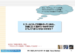 PFI [プロジェクトファシリテーター協会] Naoya Maekawa 13
そりゃ、そうでしょ。ゴールは重要。
プロジェクトなのでゴールは明確！
ゴールに沿って計画を立ててますよ。
Q. ゴールに沿って計画を作っていますし、
計画に沿って進めているはずですが
どうしてうまくいかないのですか？
Q. ゴールに沿って計画を作っていますし、
計画に沿って進めているはずですが
どうしてうまくいかないのですか？
本日は「家庭の医学」改め
「プロジェクトの医学」で深堀してみます・・・
 