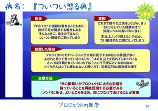 24プロジェクトの医学
病名: 『ついつい怒る病』
これまで様々な工夫をしながら、きっ
ちりこなしていた経験を持つ
知識レベルの高いPMに多い
本当はじっくり教えたいのだか、
つい感情的な口調になってしまう
原因原因
プロジェクトの進捗は遅れることもあり、
設計不足が露呈する場合もある
そんなときに、叱るのではなく、
ついつい感情的に怒ってしまう
症状症状
プロジェクトのモチベーションが大幅に低下するのはこの原因が多い
よかれと思って言っているつもりが、「ほめる」ことを忘れてしまっている
メンバは信頼されていないのでは？という不安にさいなまれ始め、
いくらがんばっても報われないと思いだす、同時にPMは孤独感が増す
放置した場合放置した場合
PMの振舞いがプロジェクトに大きな影響を
持っていることを再度認識する必要がある
メンバに任せ、よいところをほめ、次につなげてあげることが重要
治療方法治療方法
 