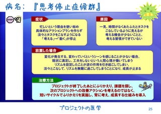 25プロジェクトの医学
病名: 『思考停止症候群』
一見、時間がなくあたふたとタスクを
こなしているように見えるが
考える機会が少ないことと、
考える習慣ができていない
原因原因
忙しいという理由を使い始め
具体的なアクションプランを作らず
淡々とタスクをこなすようになる
「考える」→「動く」が停止
症状症状
変化が発生する、変わっていくというシーンを感じることが少ない場合、
現状に満足し、工夫をしないという人間心理が働いてしまう
リズムを設定したことが逆の作用を引き起こしてしまい、
淡々とこなして、リズムを無難に過ごしてしまうことになり、成長が止まる
放置した場合放置した場合
プロジェクトが終了したあとにふりかえり、課題を探し、
次のプロジェクトへの改善アクションを考えるのではなく、
短いサイクルでふりかえりを実施し、常に考え、成長する仕組みを導入
治療方法治療方法
 