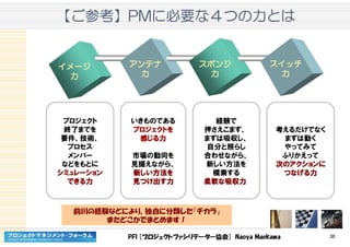 PFI [プロジェクトファシリテーター協会] Naoya Maekawa 36
【【【【ごごごご参考参考参考参考】】】】PMPMPMPMにににに必要必要必要必要なななな４４４４つのつのつのつの力力力力とはとはとはとは
考えるだけでなく
まずは動く
やってみて
ふりかえって
次次次次ののののアクションアクションアクションアクションにににに
つなげるつなげるつなげるつなげる力力力力
経験で
押さえこまず、
まずは吸収し、
自分と照らし
合わせながら、
新しい方法を
模索する
柔軟柔軟柔軟柔軟なななな吸収力吸収力吸収力吸収力
いきものである
プロジェクトプロジェクトプロジェクトプロジェクトをををを
感感感感じるじるじるじる力力力力
市場の動向を
見据えながら、
新新新新しいしいしいしい方法方法方法方法をををを
見見見見つけつけつけつけ出出出出すすすす力力力力
プロジェクト
終了までを
要件、技術、
プロセス
メンバー
などをもとに
シミュレーションシミュレーションシミュレーションシミュレーション
できるできるできるできる力力力力
イメージイメージイメージイメージイメージイメージイメージイメージ
力力力力力力力力
アンテナアンテナアンテナアンテナアンテナアンテナアンテナアンテナ
力力力力力力力力
スポンジスポンジスポンジスポンジスポンジスポンジスポンジスポンジ
力力力力力力力力
スイッチスイッチスイッチスイッチスイッチスイッチスイッチスイッチ
力力力力力力力力
前川の経験などにより、独自に分類した「チカラ」
またどこかでまとめます！
 